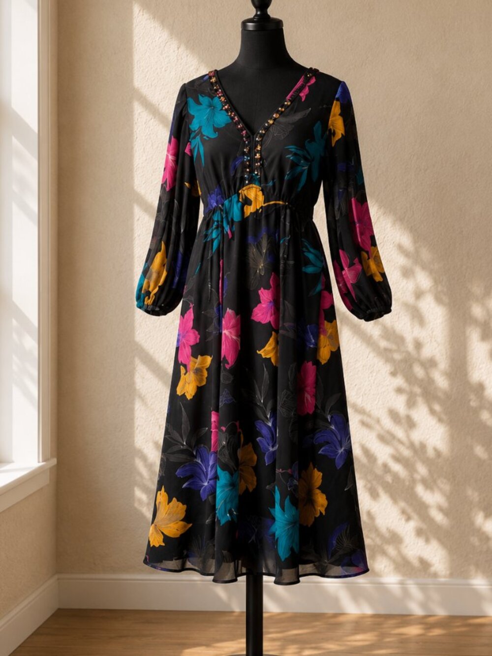 Kobi Halperin Alexi Floral Midi Dress Size L Black Multi Empire Waist Pockets